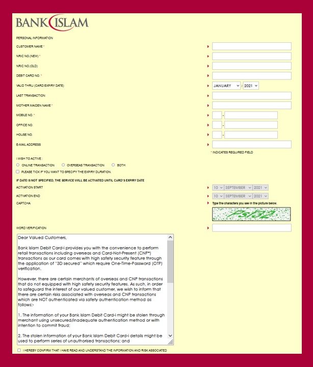 Cara Aktifkan Kad Debit Bank Islam via Form